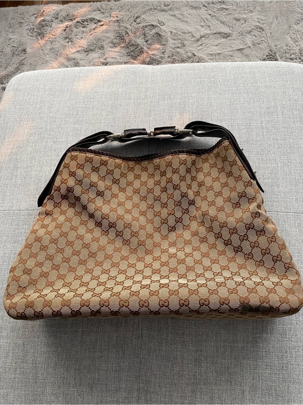 Gucci Beige & Brown GG Canvas Shoulder Bag with Dark Brown Trim